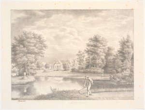 Sanderumgaards Garten mit Haus. Im Vordergrund Mann mit Sense von J.F. Clemens