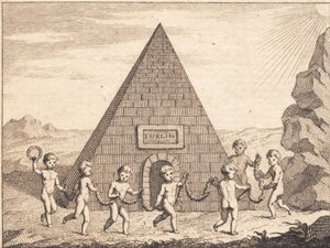 Sieben Kinder tanzen vor einer Pyramide