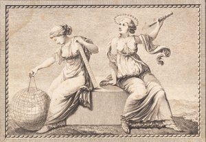 Urania und Gaea sitzen auf einem quadratischen Steinblock von J.F. Clemens
