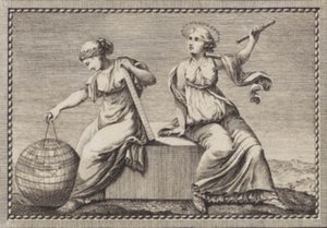 Urania und Gaea sitzen auf einem quadratischen Steinblock von J.F. Clemens