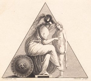 Vignette, die Pallas Athene darstellt, die einem jungen Mann das Leben schenkt von J.F. Clemens