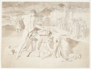 Andromache und der Sohn Astyanax zusammen mit Pyrrhus am Sarkophag von Hector von J.L. Lund