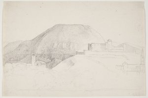Landschaftsstudie mit Berg und Gebäuden. Spoleto, Italien von J.L. Lund