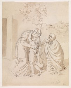 Sarah verabschiedet sich von Isaak, Abraham kniend von J.L. Lund