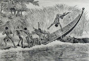 Wütendes Nilpferd kippt ein Boot um von J.M. Corner