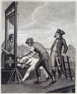 Die Hinrichtung von Maximilien de Robespierre (1758-1794) durch die Guillotine am 28.07.1794 auf der Place de la Concorde. Gravur von James Idnarpila nach J. Beys. Ca. 1799. Paris, Musée Carnavalet