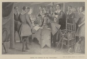 Unterzeichnung des Vertrags auf der "Mayflower" von J. (after) Steeple Davis