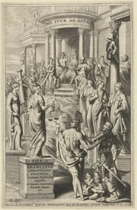 Herkules führt einen Mann an Personifikationen der Tugenden vorbei zum Tempel des ewigen Ruhms (Titelblatt für: Idea principis christiano-politica, Centum Symbolis expressa, Brüssel 1649) von J. Danoot