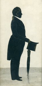 Silhouette eines Mannes mit Zylinder, Gehrock und Regenschirm