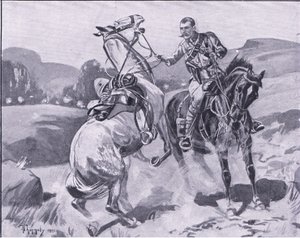 Major Brown, 14. Husaren, hält Leutnant Browns Pferd unter schwerem Beschuss, Illustration aus After Pretoria: The Guerilla War, 1902