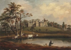 Ansicht von Hornby Castle, Yorkshire, mit einem Angler und Vieh am Ufer des Flusses Wenning von J. Miller
