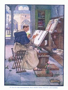 In den Klöstern wurden Bücher geschrieben und kopiert, aus Englische Literatur, veröffentlicht von T C & EC Jack, ca. 1920 von J. R. Skelton