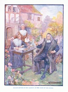 Milton sitzt in seinem Garten an der Tür seines Hauses, aus Englische Literatur, veröffentlicht von T C & EC Jack, ca. 1920