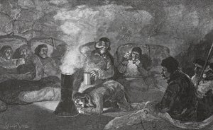 Innenansicht unserer Winterhütte in Camp Clay während des Kochens, 1883 von J. Steeple Davis