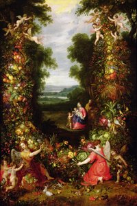 Heilige Familie in einer Landschaft mit einem Kranz aus Obst und Gemüse von J. and Avont, P. van Brueghel