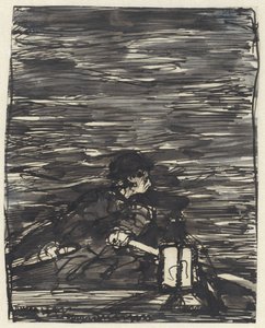 Ruderer in einem Boot mit Laterne bei Nacht