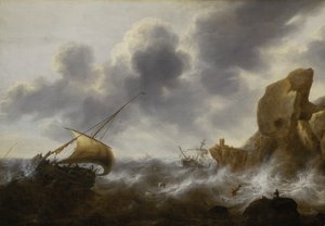 Ein Fischerboot vor einer felsigen Küste in einem Sturm mit einem Wrack, ca. 1664-65 von Jacob Adriaensz. Bellevois