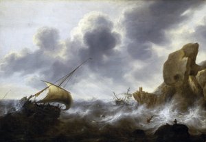 Ein Fischerboot im Sturm in der Nähe einer felsigen Küste, mit einem Schiffswrack von Jacob Adriaensz. Bellevois