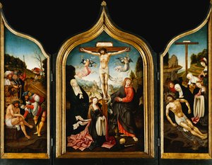 Ein Triptychon: Christus am Kreuz mit der Jungfrau, der Magdalena, dem Heiligen Johannes dem Evangelisten und Engeln; auf den Flügeln Christus, dem vor der Kreuzigung Essig angeboten wird, und die Klage, die Agonie im Garten und Ecce Homo