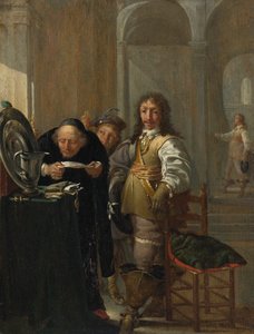 Ein Kavalier verkauft seine Waren, mit einem alten Mann, der ein Dokument liest, und einem Jungen, der eine Münze hält