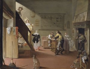 Elegante Gesellschaft beim Rauchen und Trinken in einem Gasthaus / Bordellszene