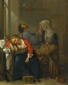 Schlafendes Paar und eine Dienstmagd in einem Innenraum