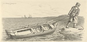 Mann zieht sein Ruderboot an Land von Jacob Ernst Marcus