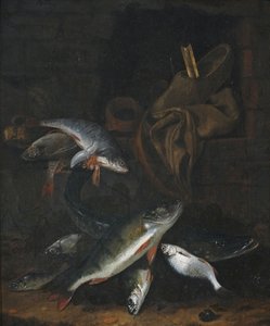 Fischstillleben mit Hecht und Brassen an einer Mauer von Jacob Gillig
