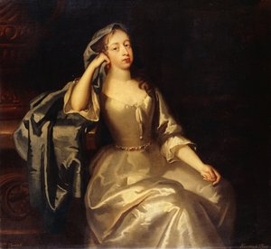 Porträt von Mrs. Tyrell, dreiviertellang, in einem weißen Satinkleid und blauer Schal, ihr rechter Arm ruht auf einem Sockel, eine Landschaft dahinter von Jacob Huysmans