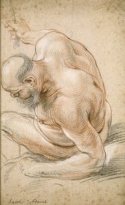 Alter nackter Mann sitzend, auf seinen Unterarm gestützt, nach links gewandt, ca. 1640