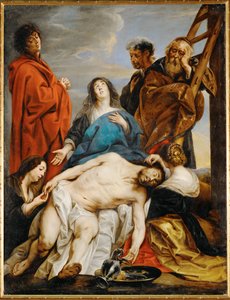 Pieta. Heilige Maria hält den Körper Christi auf ihren Knien, Maria Magdalena zieht Dornen aus Christi Stirn, Maria Salome küsst seine Hand