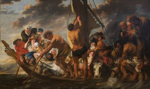 Das Zinsgeld. Petrus findet die Silbermünze im Maul des Fisches. Auch genannt 