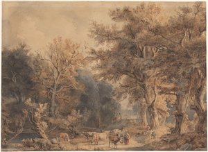 Waldlandschaft mit Figuren und Vieh