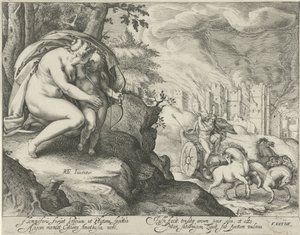 Venus ermutigt Cupido, einen Pfeil auf Pluto zu schießen von Jacob Matham (attributed to)