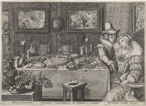 Junges Paar an einem reich gedeckten Tisch von Jacob Matham (workshop of)