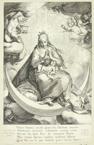 Jungfrau Maria mit dem Jesuskind auf der Mondsichel, umgeben von Engeln