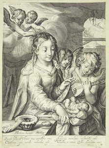 Jungfrau Maria mit dem Kind umgeben von Engeln von Jacob Matham