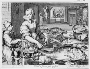 Küchenszene mit Küchenmagd, die Fisch zubereitet, Christus in Emmaus im Hintergrund, aus Küchen- und Marktszenen mit biblischen Szenen im Hintergrund