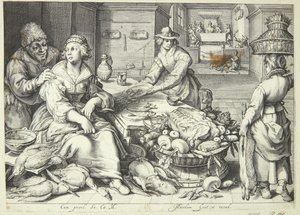 Küchenszene mit einer Küchenmagd, die Geflügel rupft von Jacob Matham