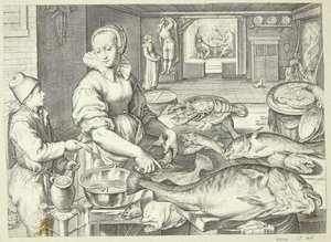 Küchenszene mit einer Küchenmagd, die Fische säubert von Jacob Matham