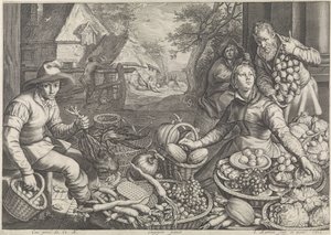 Marktszene und die Rast auf der Flucht nach Ägypten von Jacob Matham