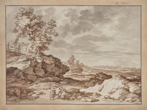Landschaft mit Dorf und zwei Bauern von Jacob Matthias Schmutzer