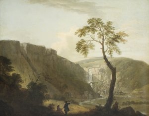 Eine felsige Landschaft mit einem Wasserfall und einem sitzenden Künstler im Vordergrund