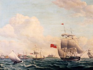 Schiffe segeln durch die Öresundstraße zwischen Schweden und Dänemark mit dem Schloss Kronborg im Hintergrund von Jacob Petersen