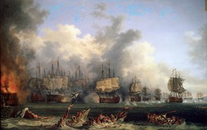 Der Untergang des russischen Schlachtschiffs St. Evstafius in der Seeschlacht von Chesma, 1771 von Jacob Philipp Hackert