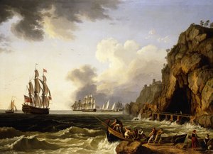 Ein Blick auf die Küste bei Neapel mit einem britischen Königlichen Marine-Dreidecker, der die Flagge eines Vizeadmirals der Roten zeigt von Jacob Philippe Hackert