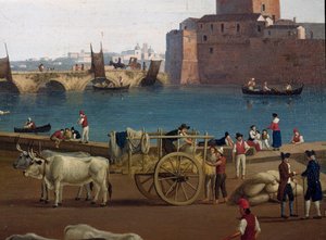 Ansicht des Hafens von Taranto (Tarent) in Italien im 18. Jahrhundert. Hafenarbeiter entladen die Waren, von Ochsen gezogene Karren von Jacob Philippe Hackert