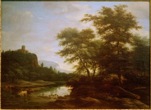 Landschaft mit Kuhherde am Weiher