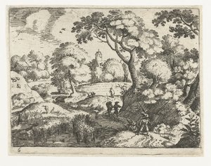 Landschaft mit Reisendem und Soldaten (Serie: Sechs Landschaften mit Reisenden) von Jacob Savery (I)