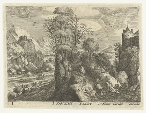 Landschaft mit Reisenden auf steilem Felsen von Jacob Savery (I)